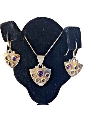 Necklace Earrings Set Round Amethyst 16" Silver Chain weight 9.3 Gr Jewelry